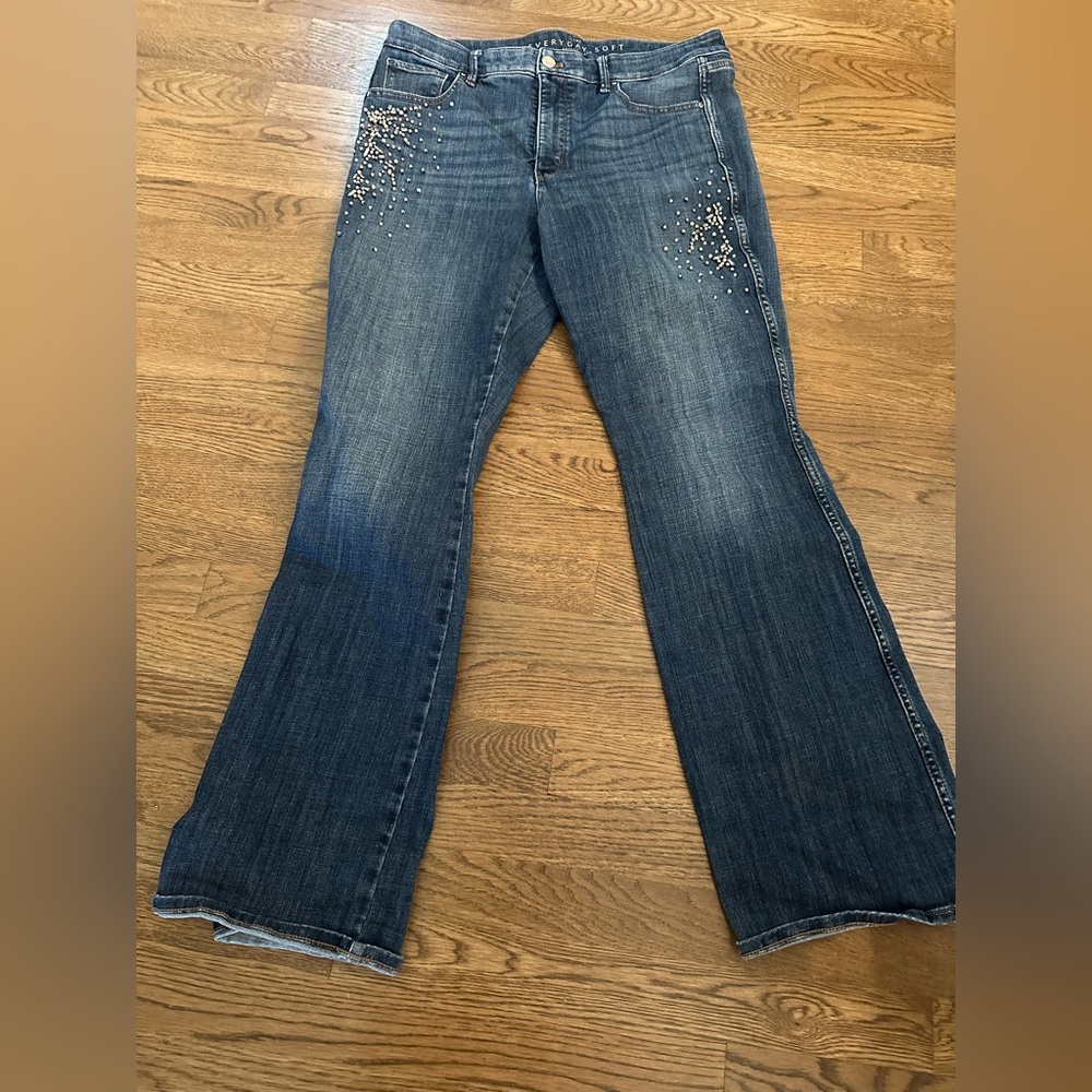 White House Black Market Blue Flare Jeans with Studded Details